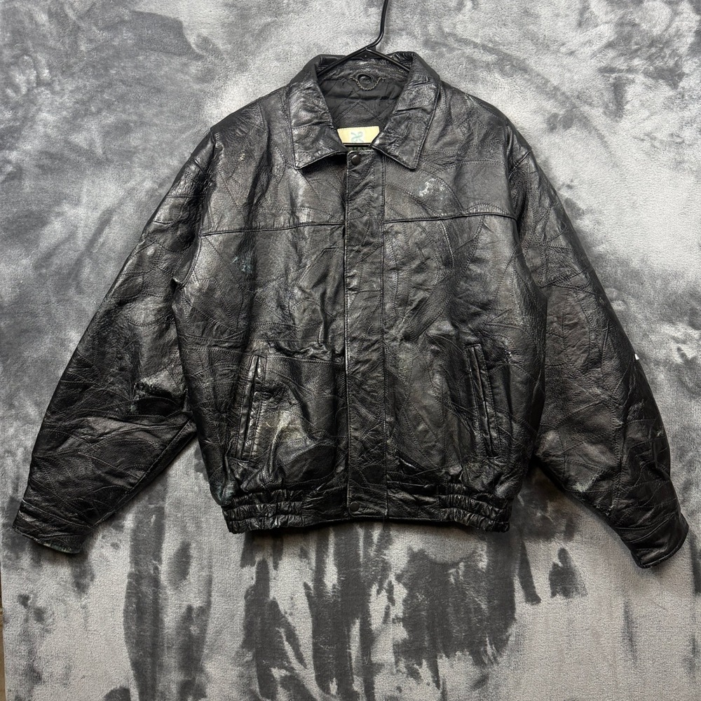 Haband Leather Bomber Jacket Mens Large Black Patchwork Quilted Lined Distressed